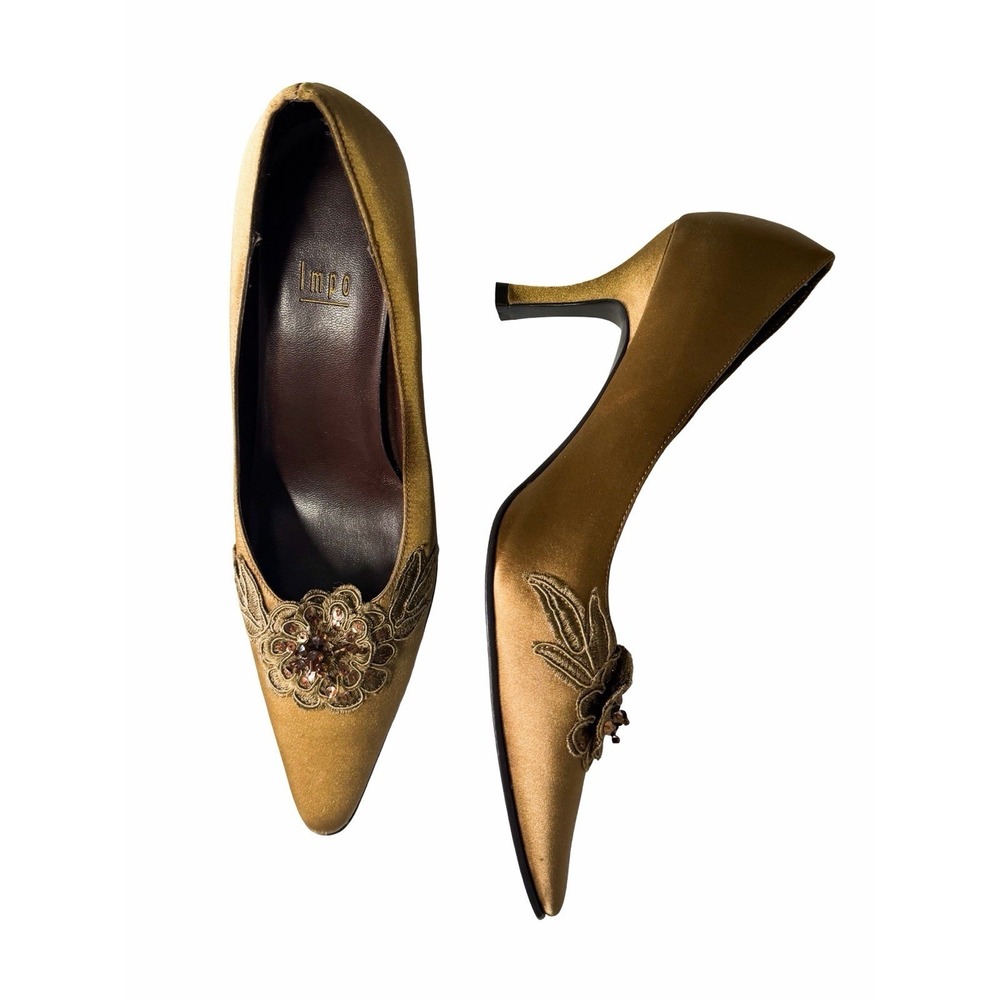 Impo Vintage Y2K Satin Gold Floral Beaded Kitten Heel Pumps Women's 8.5M Shoes